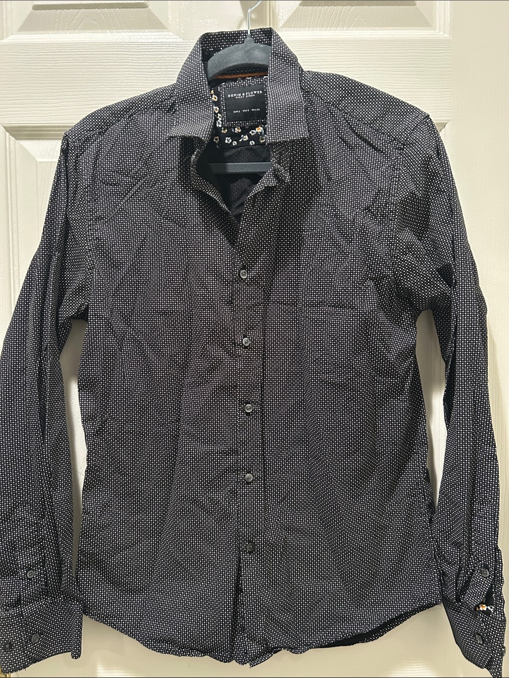 Denim &Flower Men's Black Button-Up Shirt with White Microdot Print